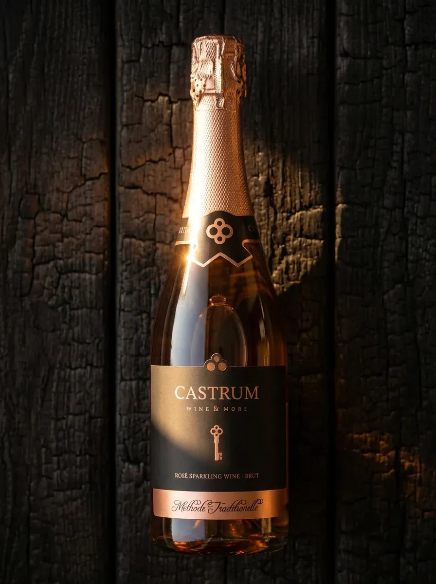 Castrum Rosé Brut against charred wood — raw and refined