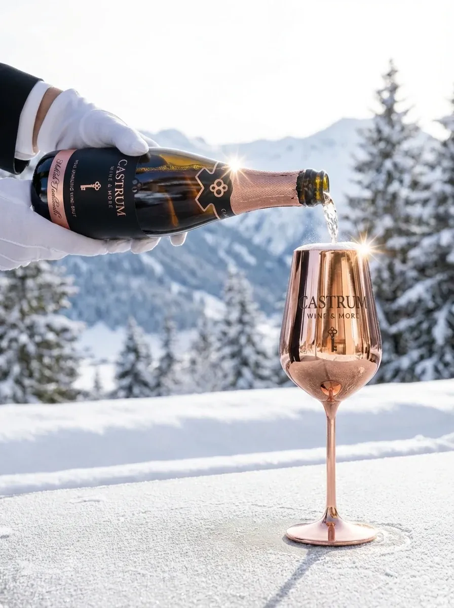 White-gloved service pouring Castrum Rosé — alpine panorama