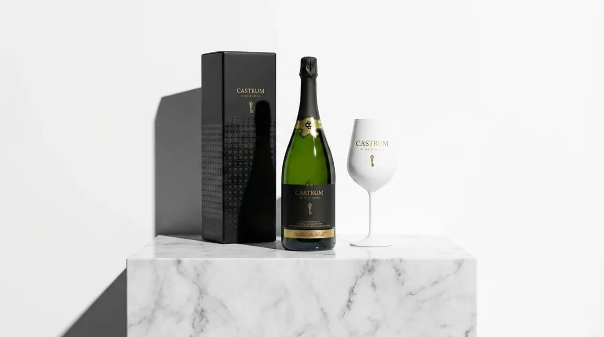 Castrum gift set — bottle, black box and white glass on marble