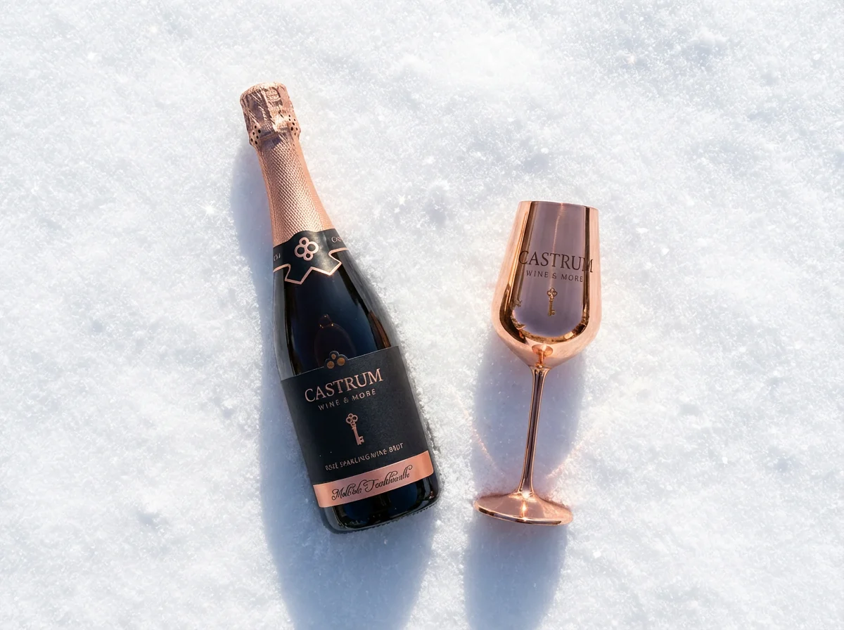 Castrum Secret Bloom Rosé z bakrenim kozarcem v snegu — zimska eleganca