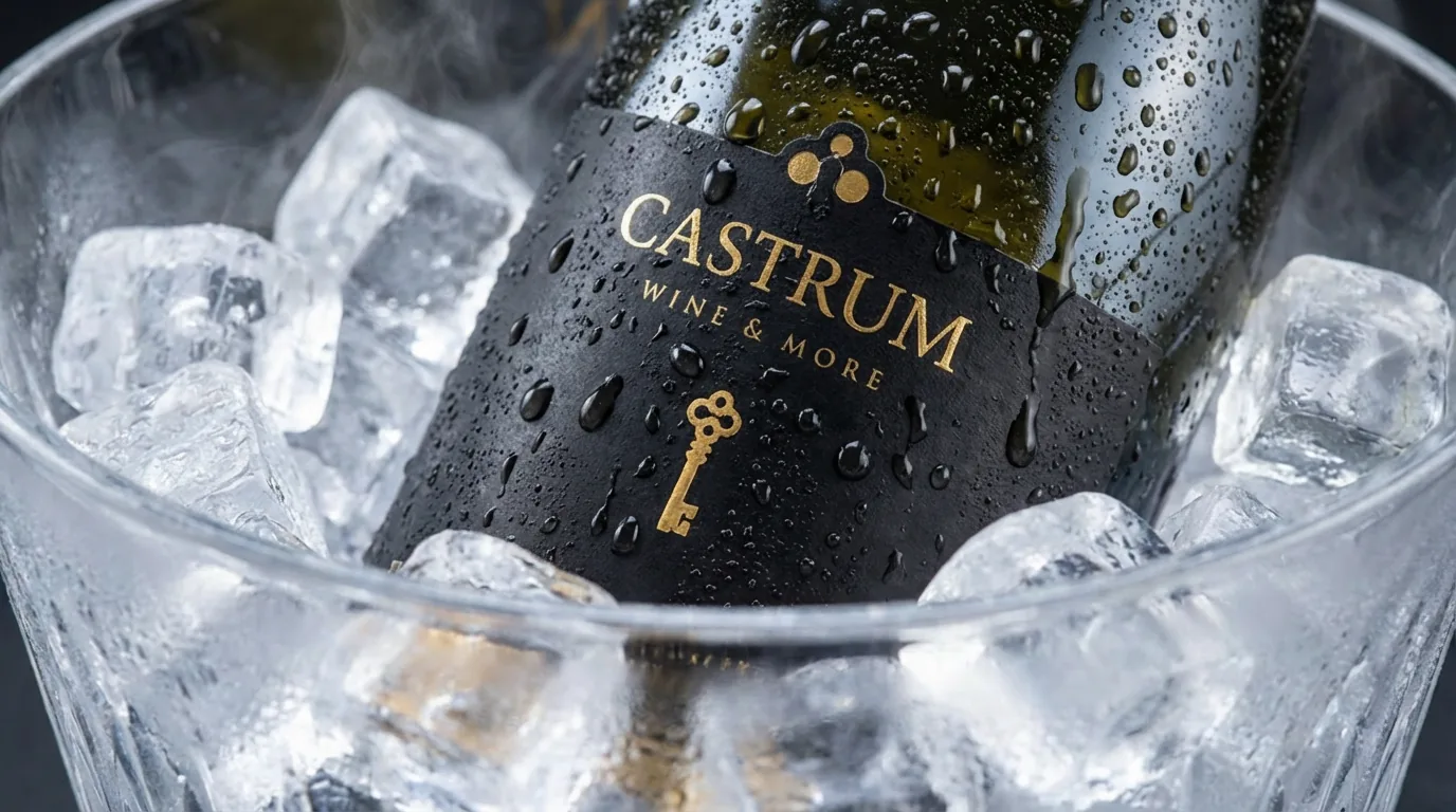 Castrum — zlatá etiketa z vodnimi kapljicami v ledeni posodi, temno ozadje