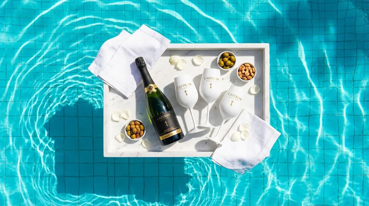 Castrum floating tray in pool with white glasses and olives