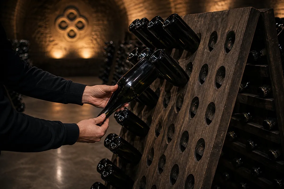 Castrum vinar ročno preverja steklenico na pupitru — proces remuage